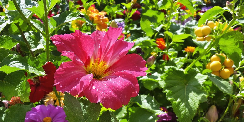 Garten im Spätsommer mit verschiedenen Pflanzen.
