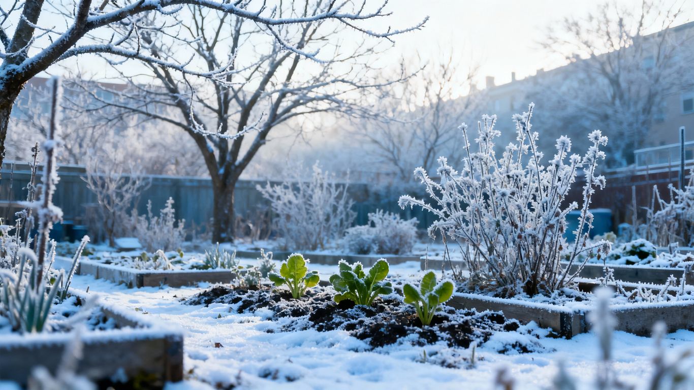 Winterliche Stadtoase mit frostbedeckten Pflanzen und Schnee.