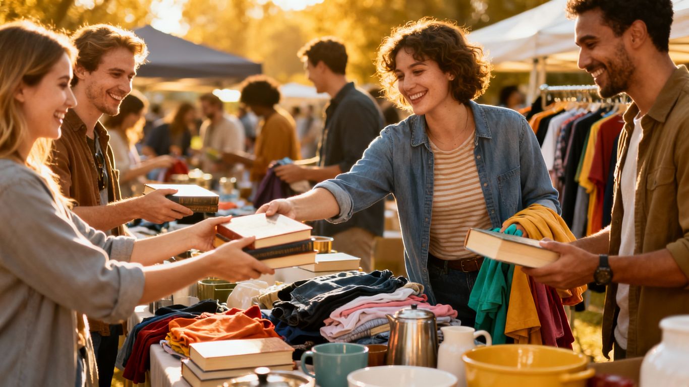 Menschen tauschen Gegenstände auf einem Flohmarkt.