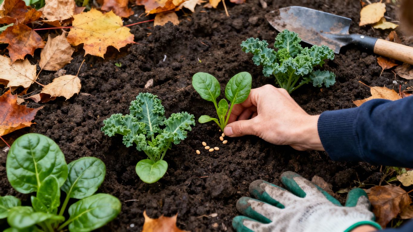 Gärtner pflanzt Spinat und Grünkohl im Herbstgarten