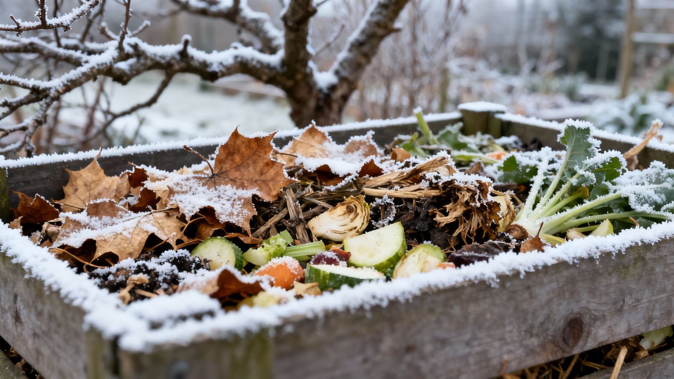 Bioabfälle im Winter in einer Komposttonne mit Schnee bedeckt.