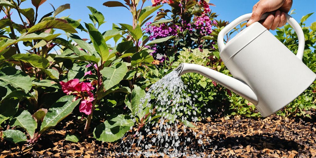 Garten mit Gießkanne und Mulch an einem sonnigen Tag