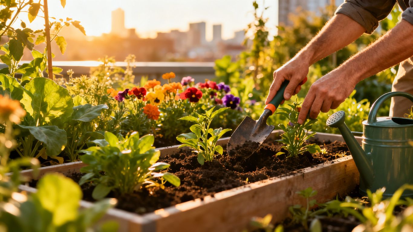 Stadtgärtner bei der Arbeit mit Werkzeugen im Garten.