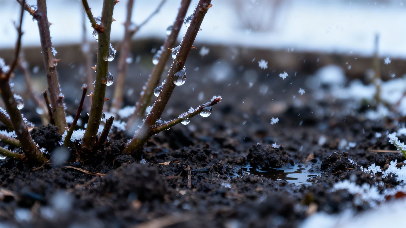 Wintergarten mit Regen und Schnee auf Pflanzen