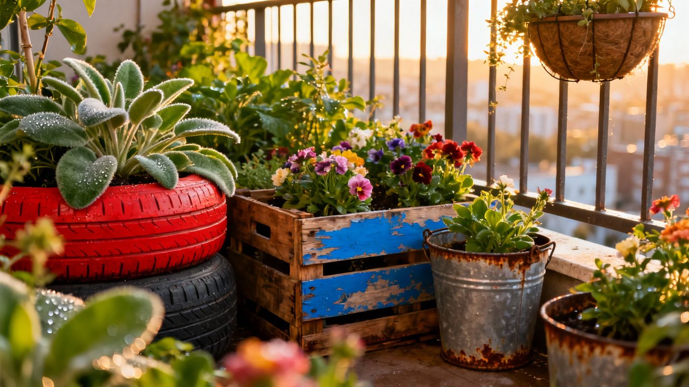 Balkongarten mit wiederverwendeten Behältern und bunten Blumen.
