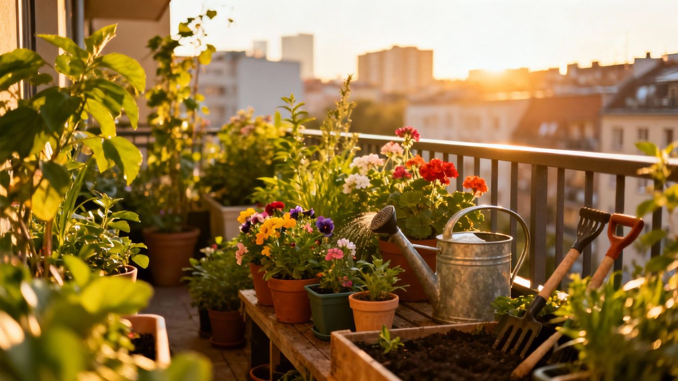 Balkongarten mit vielen Pflanzen und Blumen
