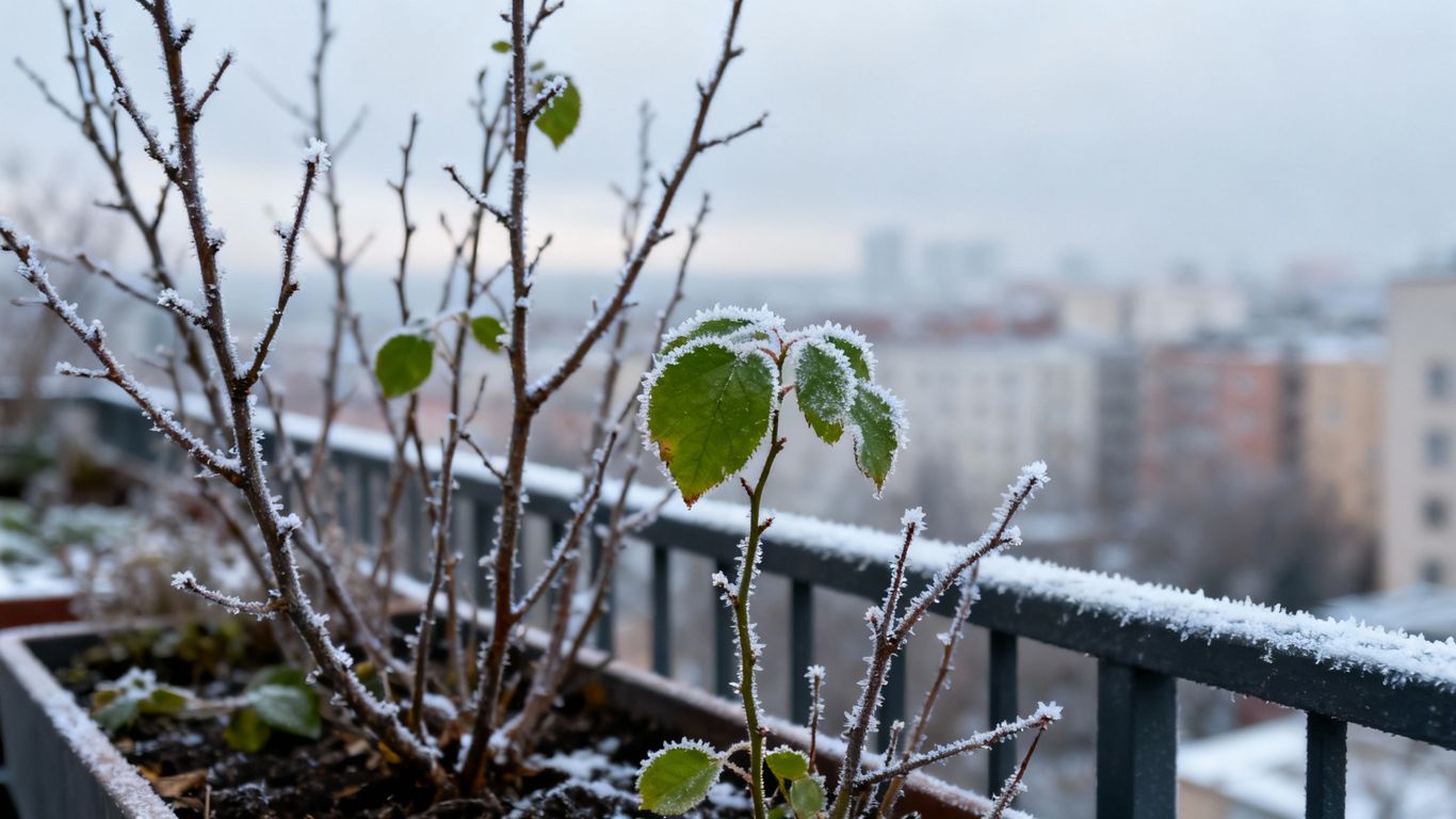 Stadtgarten im Winter mit kahlen Pflanzen und Frost.