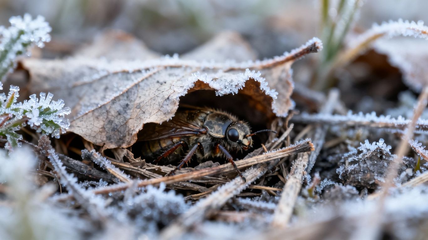 Insekt im Winterschlaf zwischen trockenen Blättern und Zweigen.