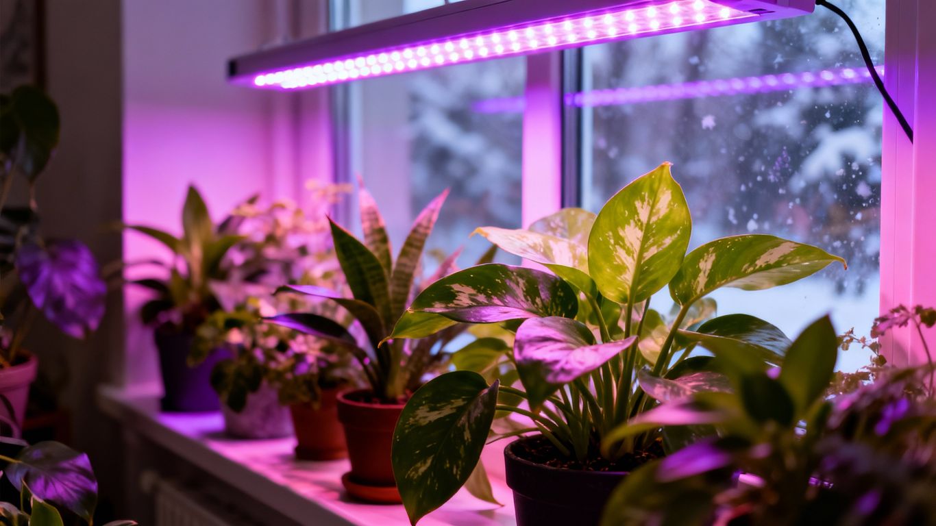 Pflanzenlampen beleuchten Zimmerpflanzen im Winter.