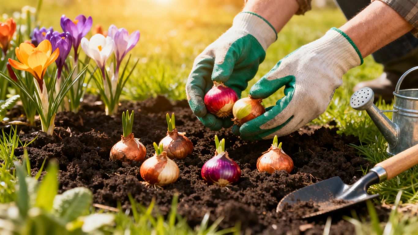 Hände pflanzen Blumenzwiebeln in frühlingshafte Erde