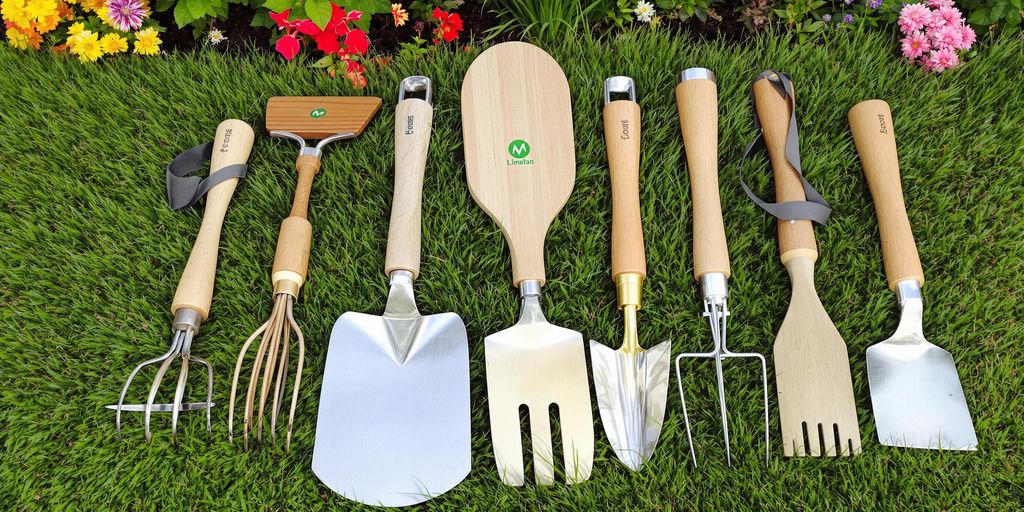 Nachhaltige Gartenwerkzeuge aus Holz und Metall auf Gras