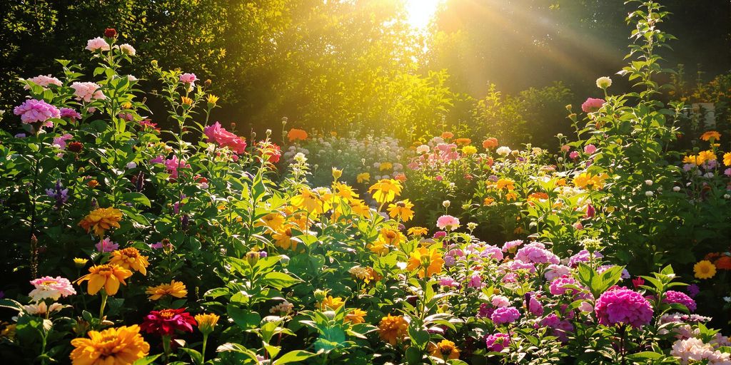 Garten mit Blumen und Sonnenschein.