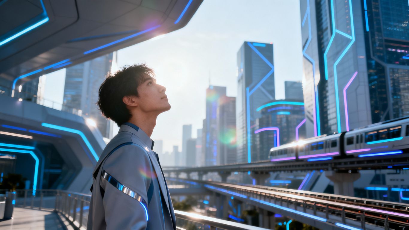 Person blickt nachdenklich auf eine futuristische Stadtlandschaft.