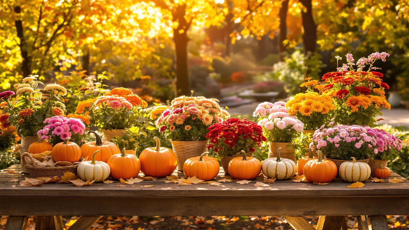Herbstliche Gartendeko mit Kürbissen und bunten Blumen.