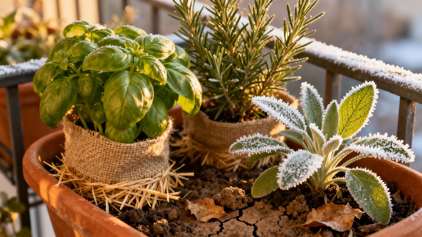 Kräuter im Winter auf einem Balkon