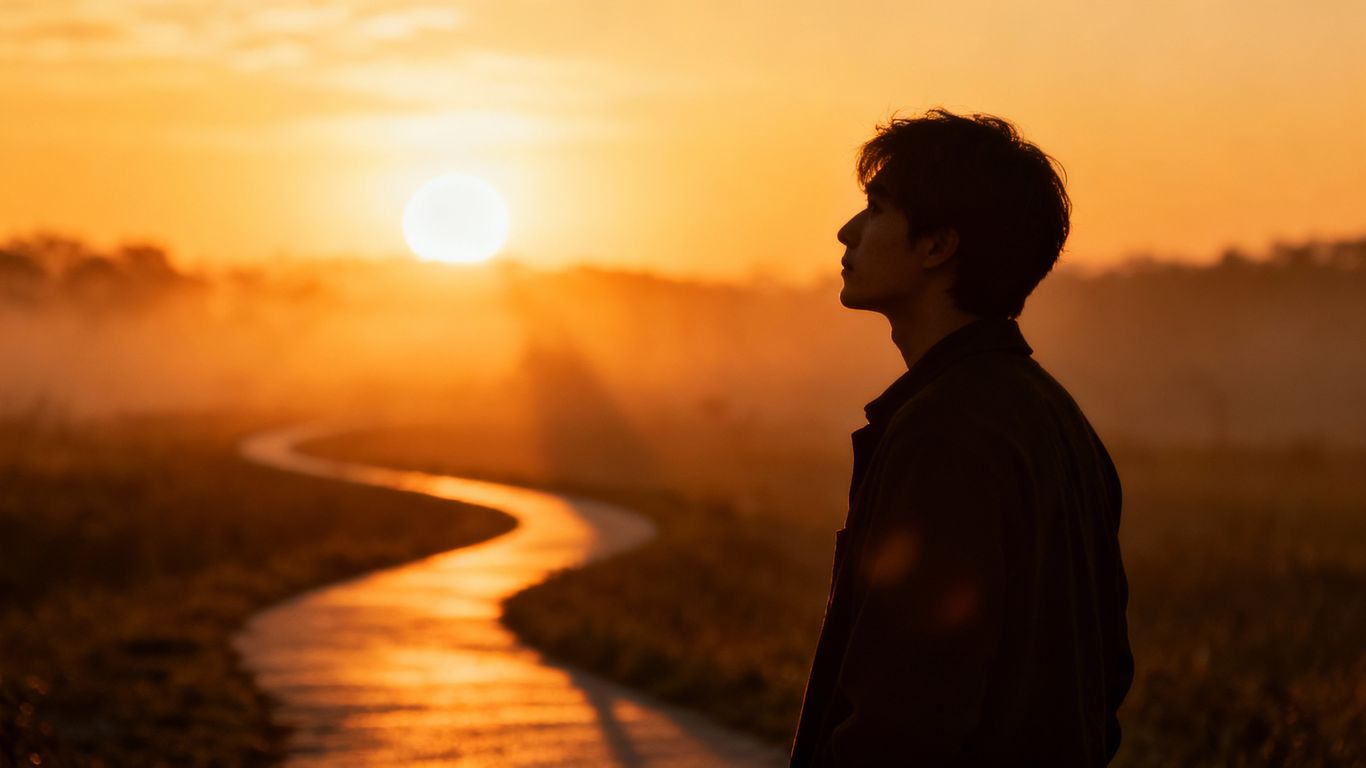 Person blickt nachdenklich in die Ferne bei Sonnenuntergang.