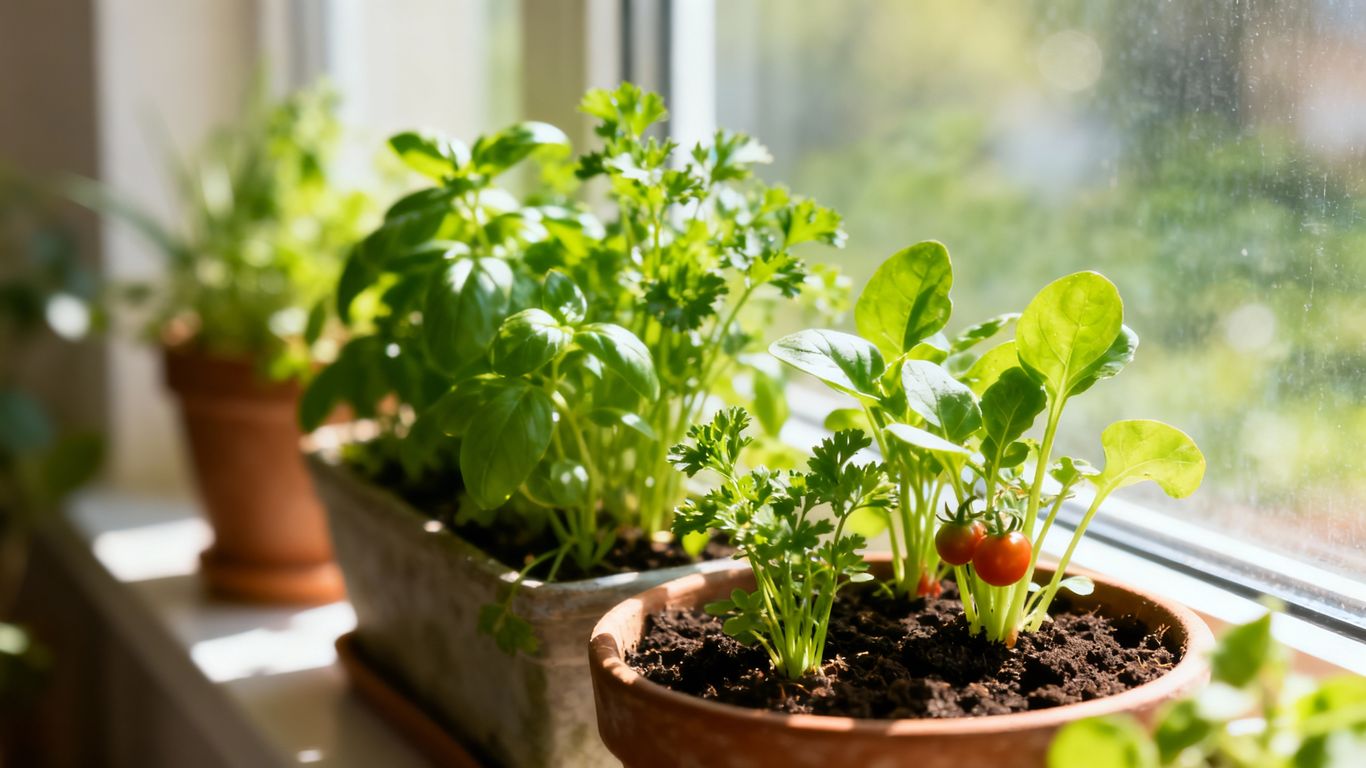 Frisches Gemüse wächst auf einer sonnigen Fensterbank.