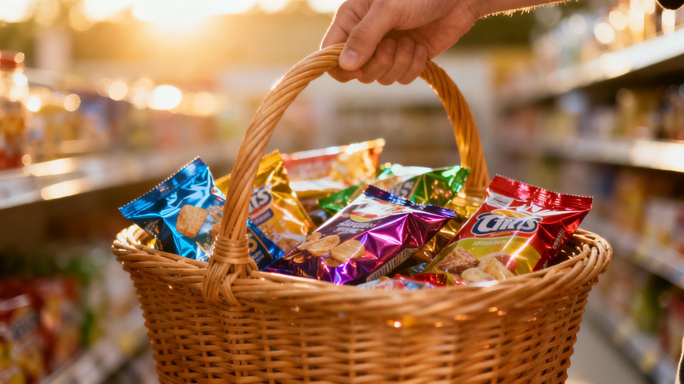 Hand hält Einkaufskorb voller attraktiver Produkte.