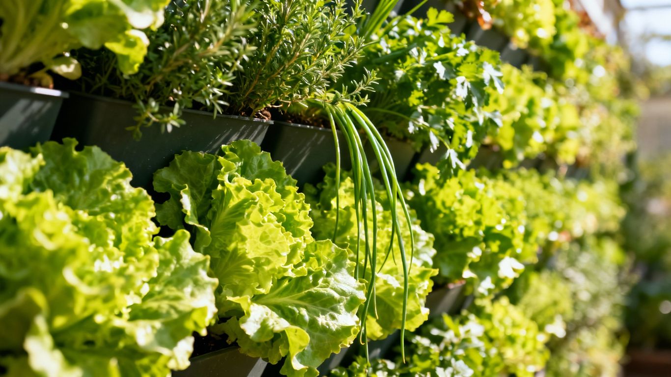 Vertikaler Garten mit Salat und Kräutern an einer Wand.