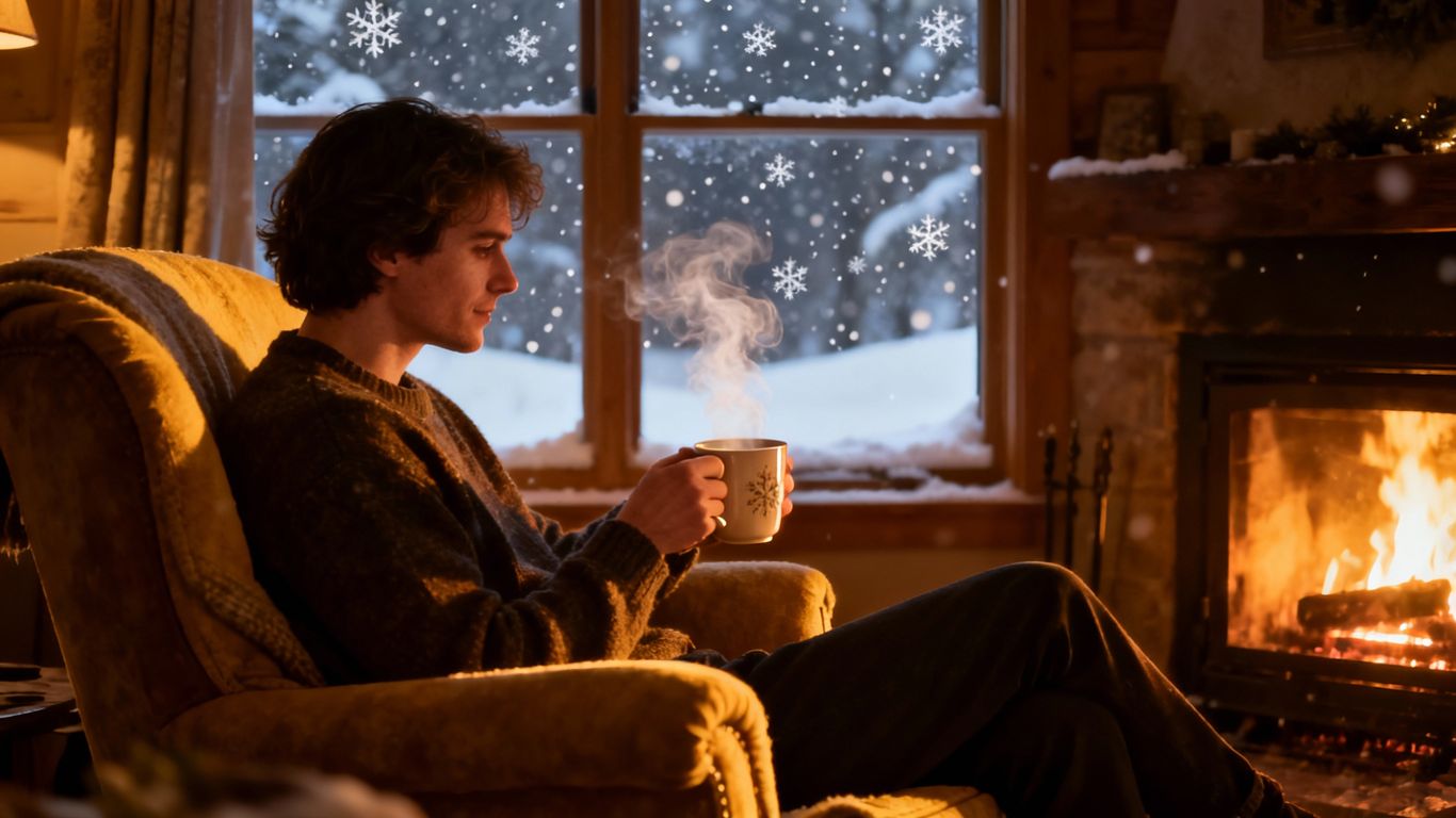 Gemütliche Winterstimmung mit warmem Getränk am Kamin.