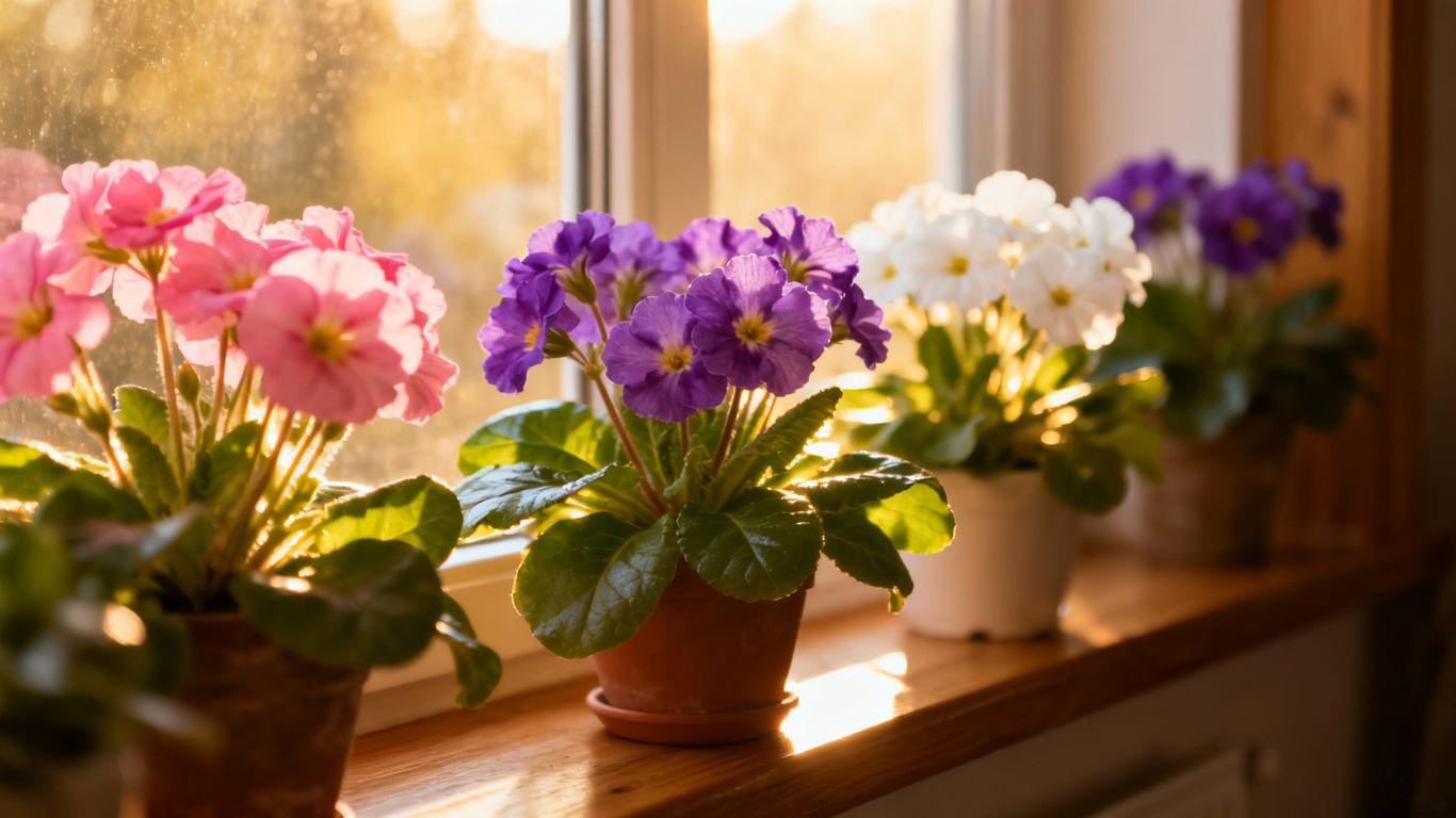 Blühende Pflanzen im Sonnenlicht auf einer Fensterbank.