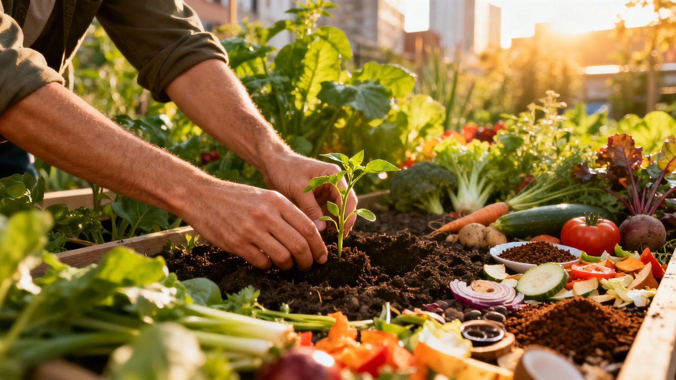 Urbaner Garten mit Kompost und jungen Pflanzen