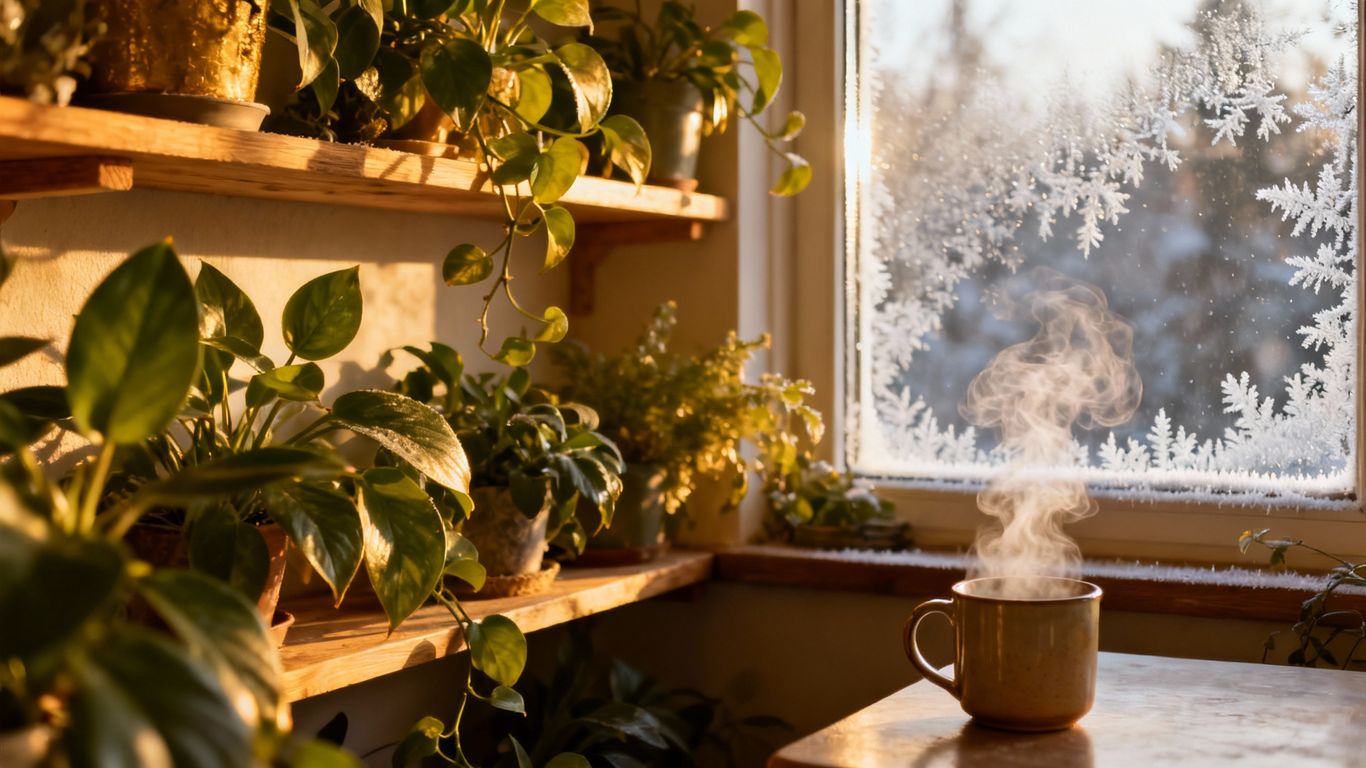 Indoor-Garten im Winter mit Pflanzen und warmem Licht