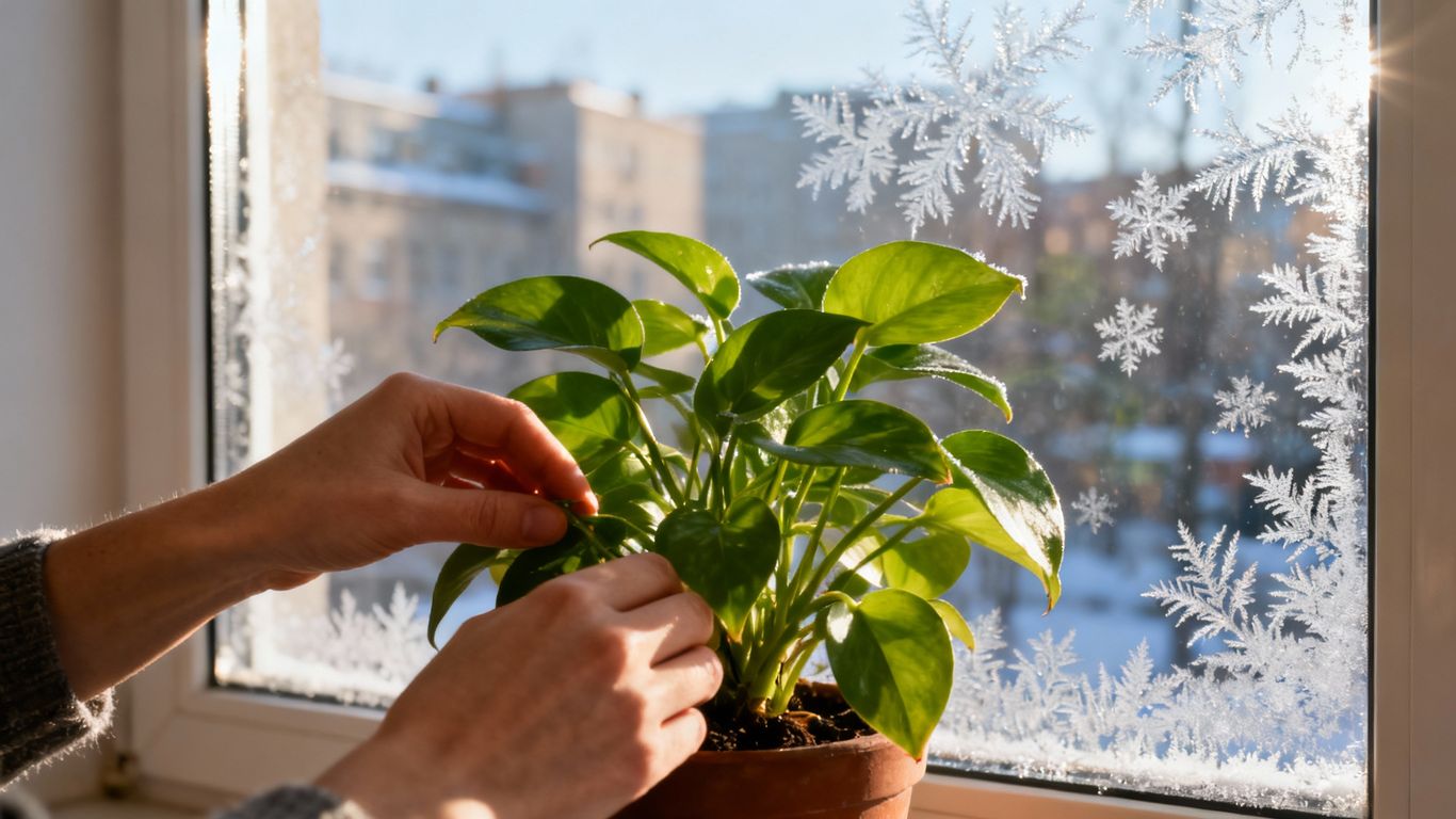 Stadtbewohner pflegen Pflanzen im Winter.