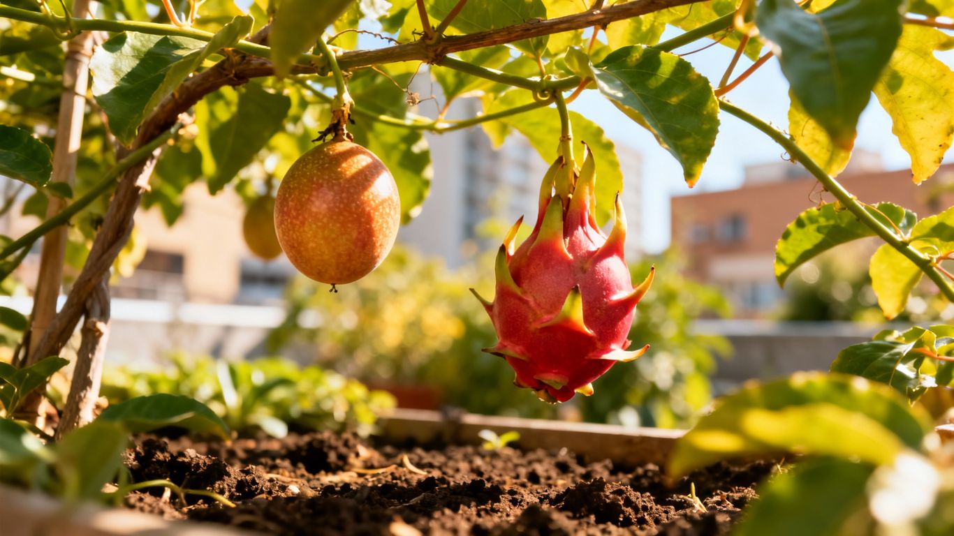 Exotische Früchte wachsen in einem sonnigen Stadtgarten.