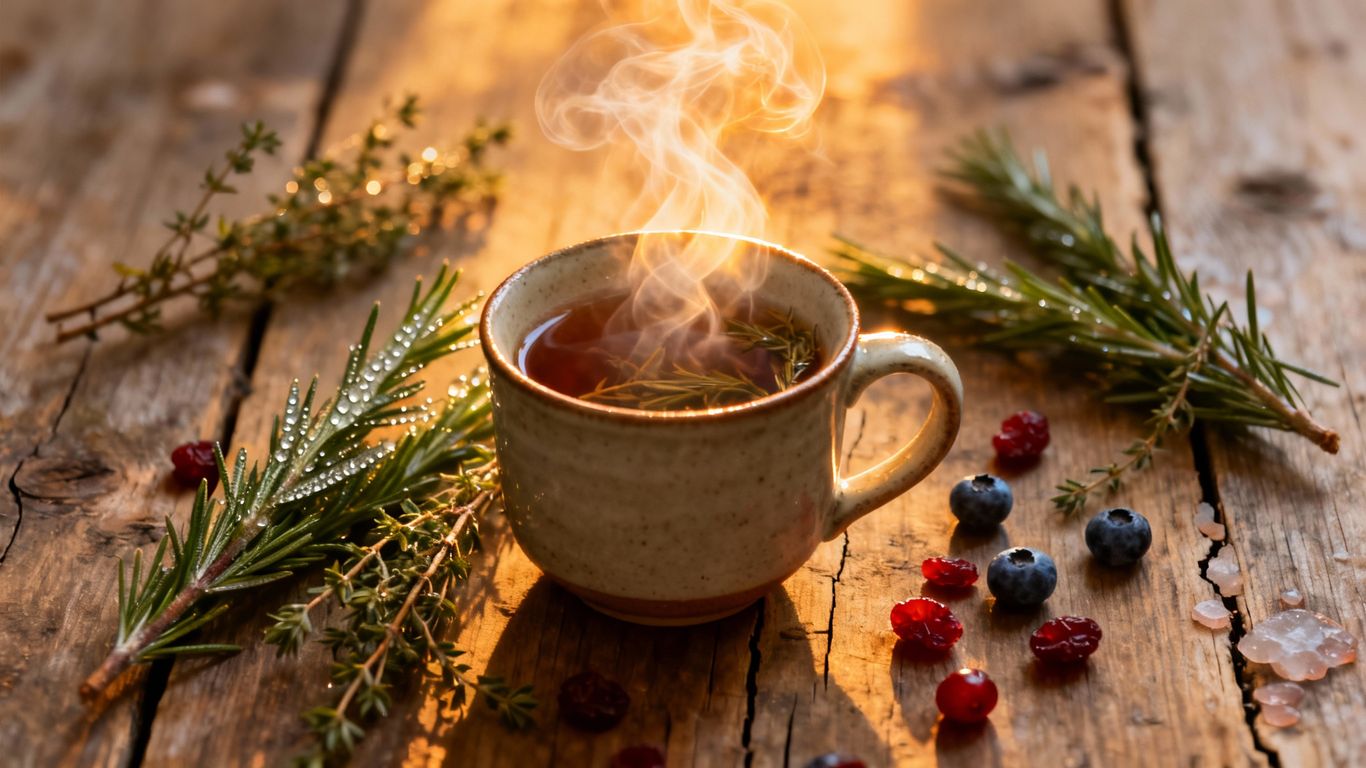 Tasse mit Wintertee und frischen Kräutern auf Holztisch.