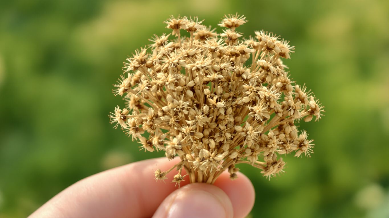 Hand hält getrocknete Wildblumensamen im Herbstlicht