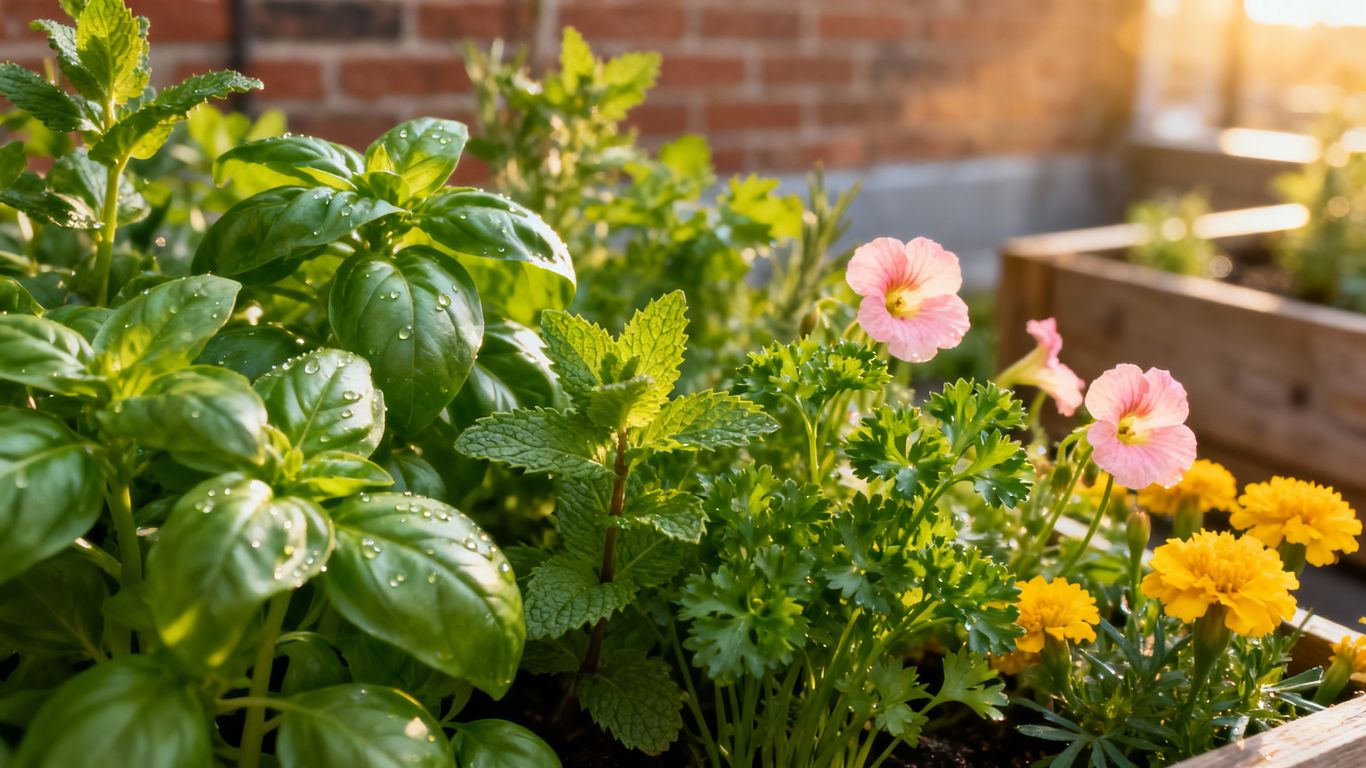 Frische Kräuter wachsen im sonnigen Stadtgarten.