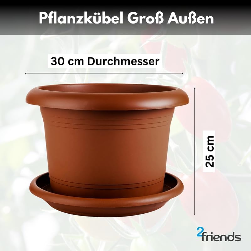 2er Blumentopf Groß Ø30 x H25 cm, mit Untersetzer Terracotta - Pflanzkübel Groß  - Wetterfest, Langlebig und Stabil