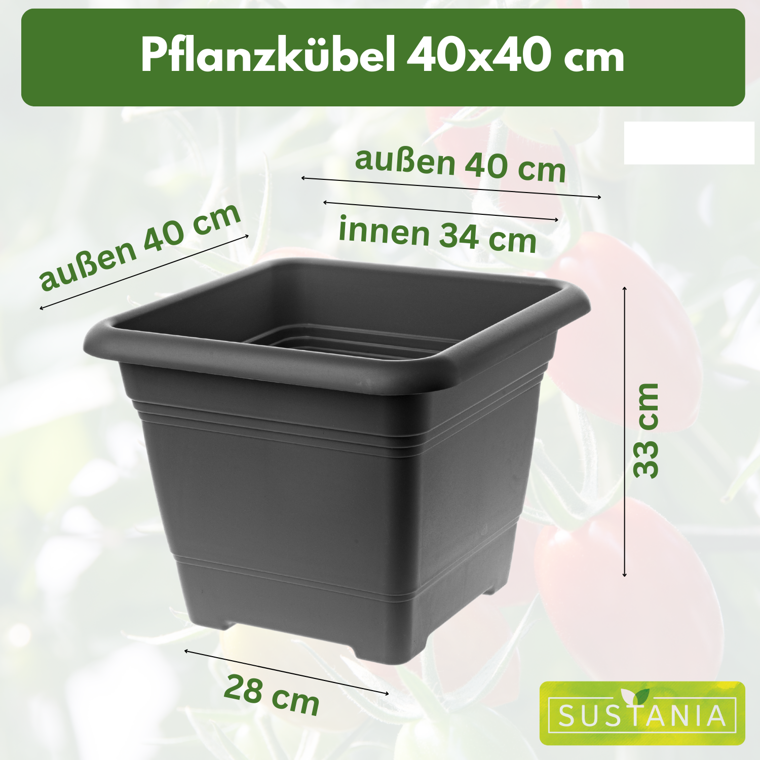 2er Blumenkübel Groß, 40x40 cm, 46 Liter, Garantiert kippsicher mit Drainagesystem - Extrem belastbare Pflanzkübel - Stabile Blumentopf Groß Anthrazit