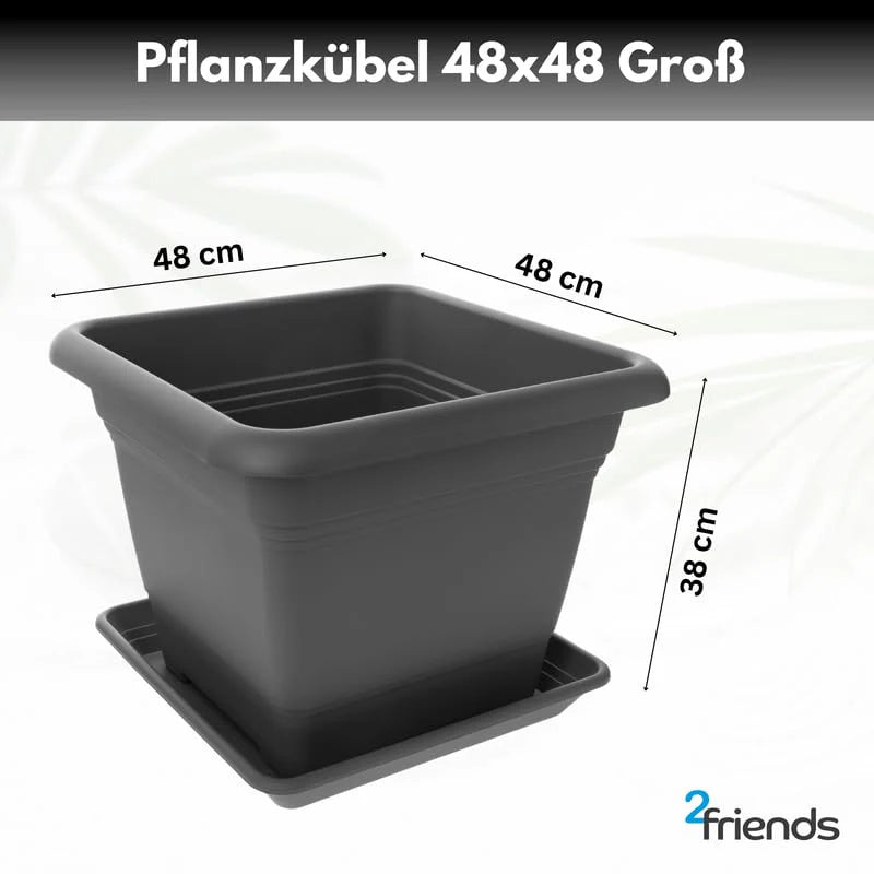 Sonder Angebot für Weiteres Produkt - 1er Blumentopf Groß 48x48 cm, mit Untersetzer Anthrazit - Pflanzkübel Groß Rechteckig - Wetterfest, Langlebig und Stabil