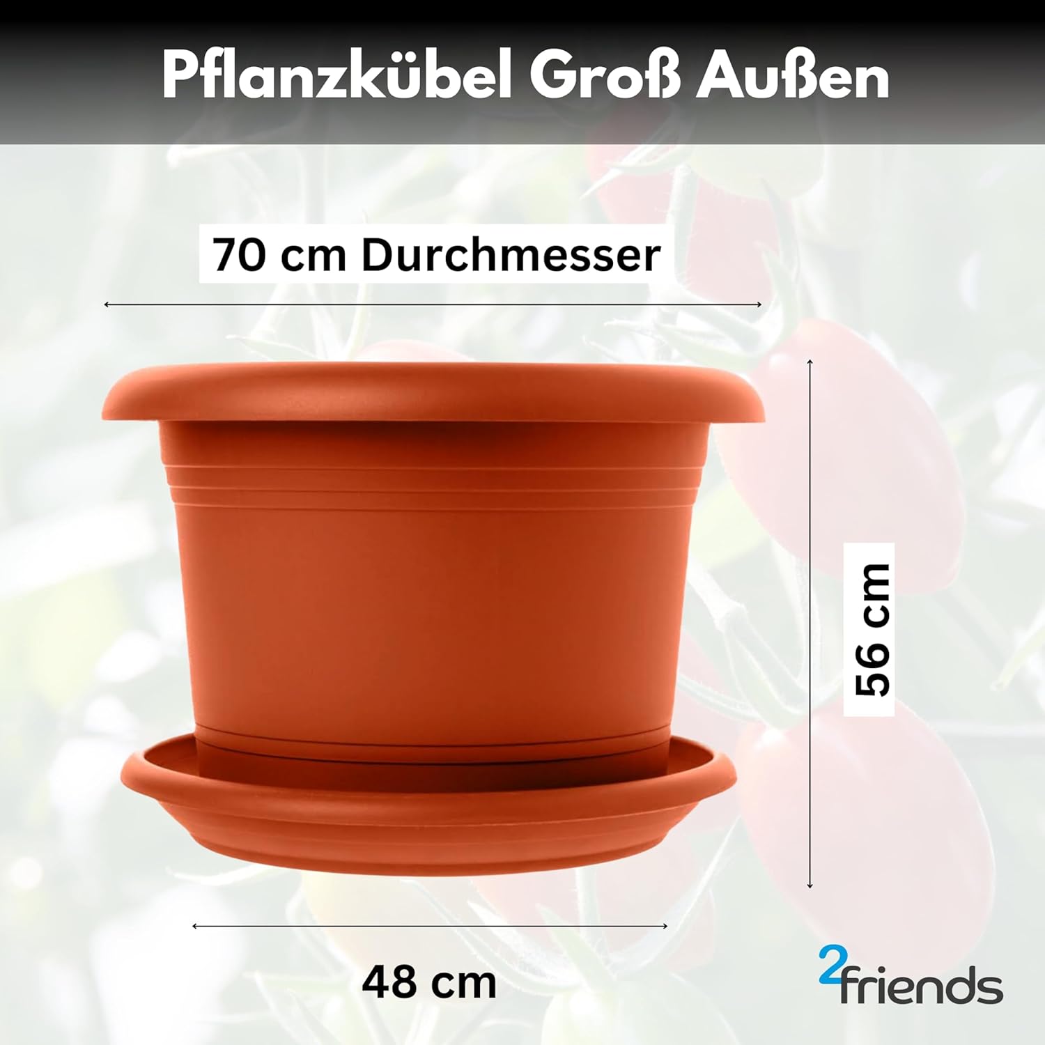 2er Blumenkübel XXL Groß, Groß Ø70 x H56 cm, Garantiert kippsicher mit Drainagesystem - Extrem belastbare Pflanzkübel - Stabile Blumentopf Groß Terracotta