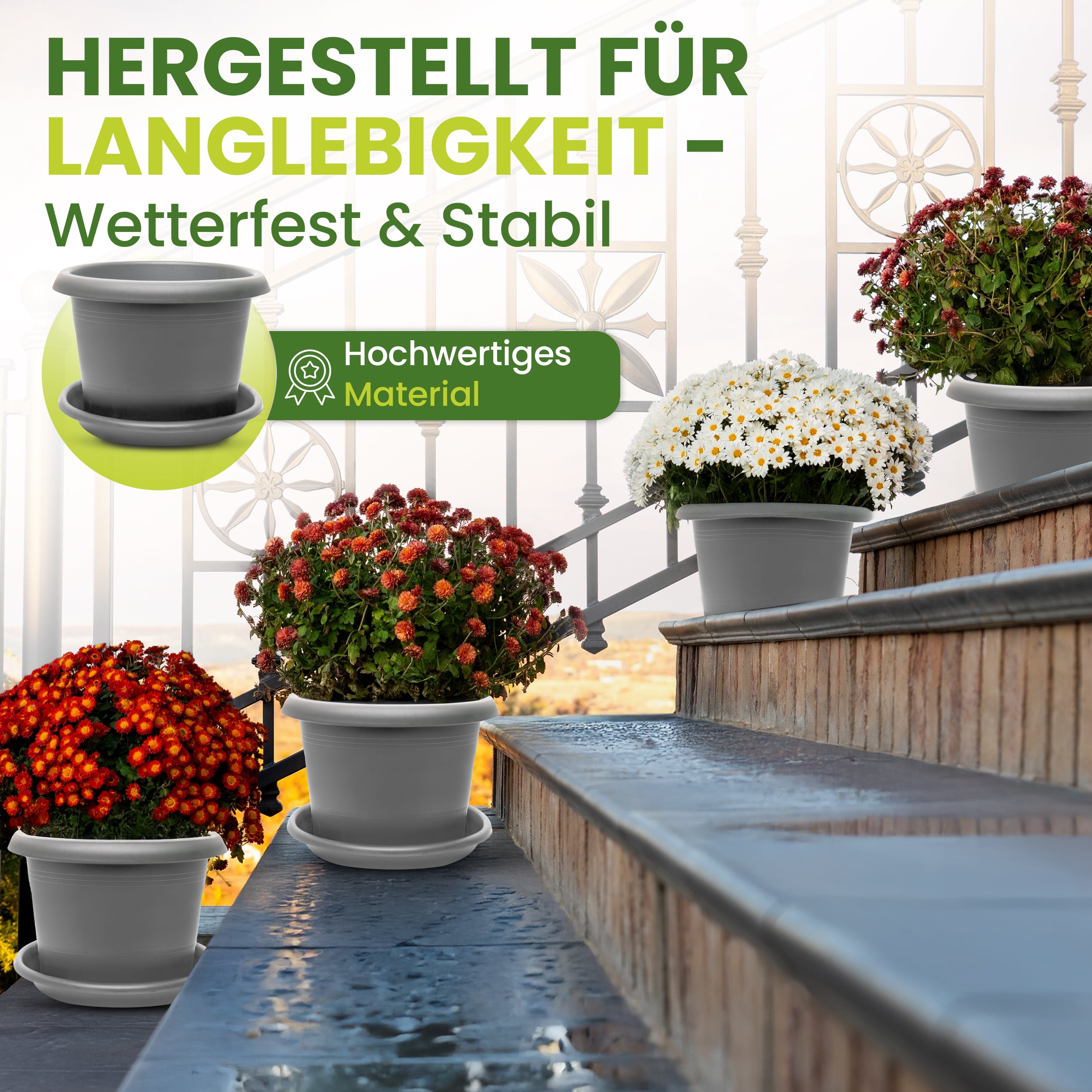 1er Blumentopf Groß Ø50 x H34 cm +🎁 GESCHENK, 66 Liter, mit Untersetzer Anthrazit - Pflanzkübel Groß  - Wetterfest, Langlebig und Stabil