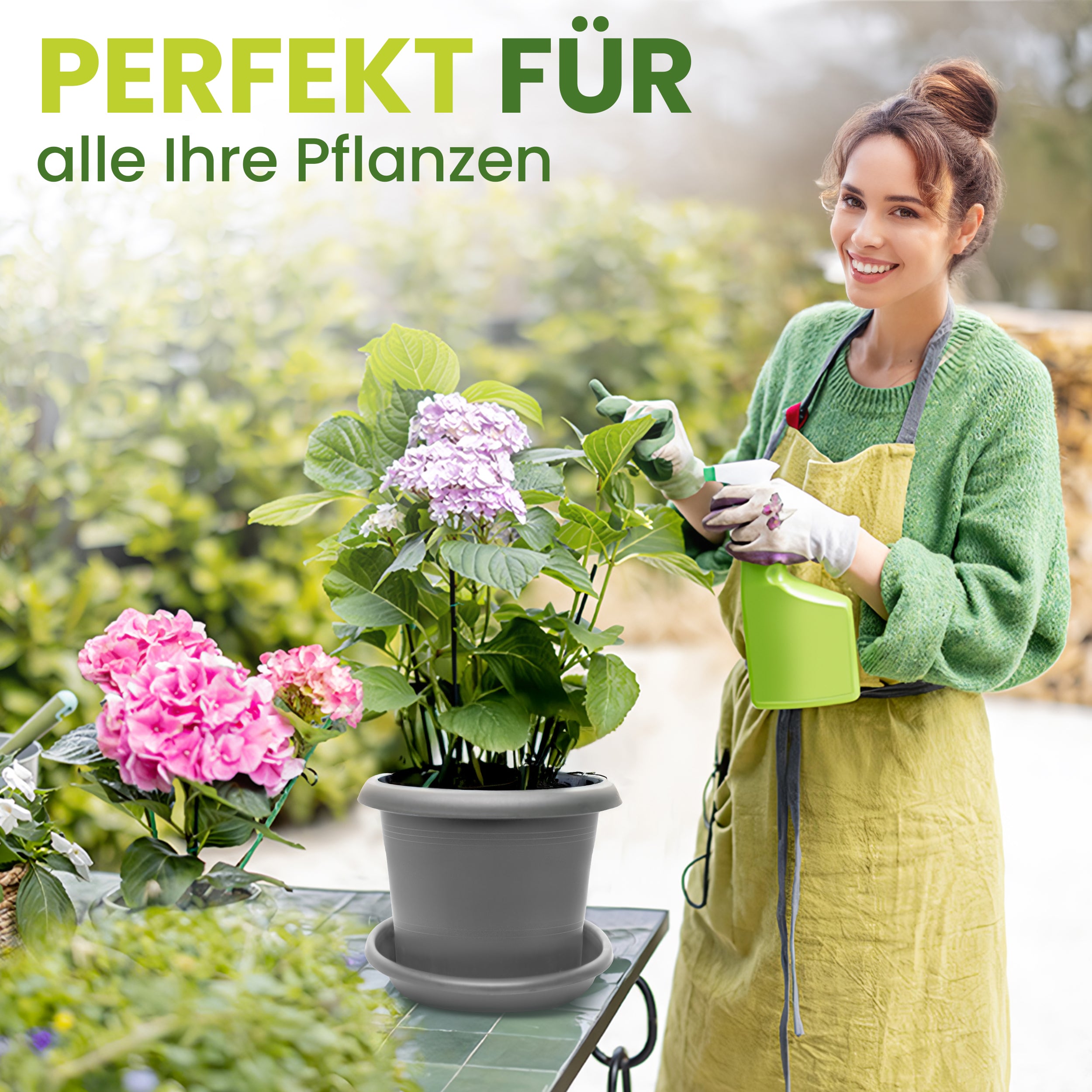 4er Blumentopf Groß Ø50 x H34 cm+🎁 GESCHENK, 66 Liter, mit Untersetzer Anthrazit - Pflanzkübel Groß  - Wetterfest, Langlebig und Stabil