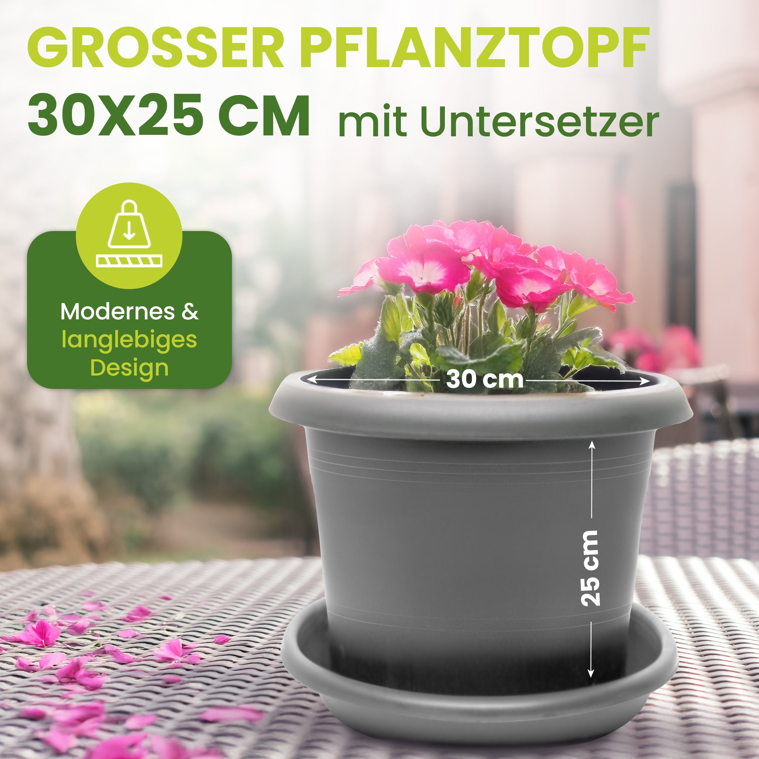 1er Blumentopf Groß Ø30 x H25 cm, mit Untersetzer Anthrazit - Pflanzkübel Groß  - Wetterfest, Langlebig und Stabil