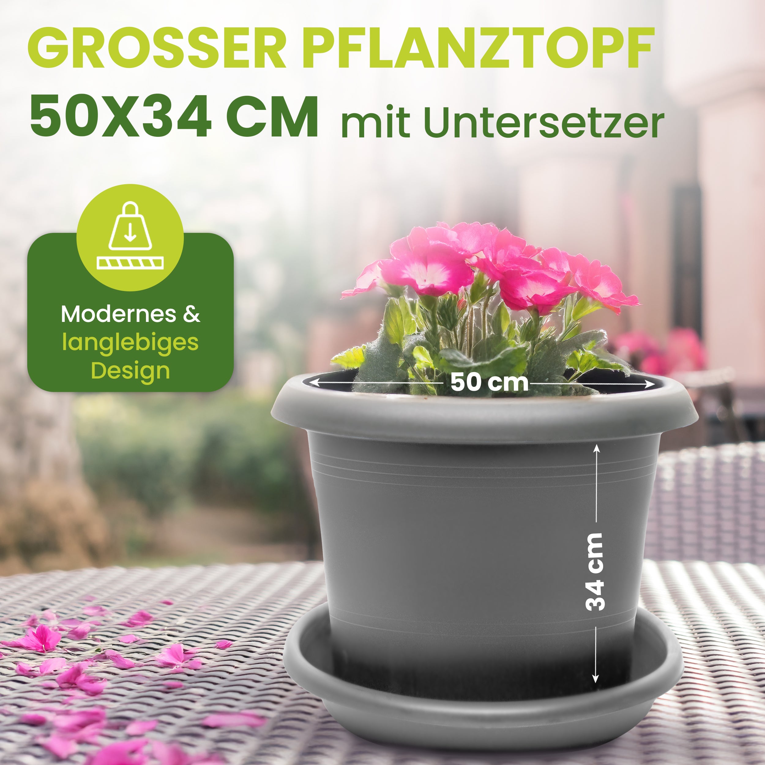 1er Blumentopf Groß Ø50 x H34 cm +🎁 GESCHENK, 66 Liter, mit Untersetzer Anthrazit - Pflanzkübel Groß  - Wetterfest, Langlebig und Stabil