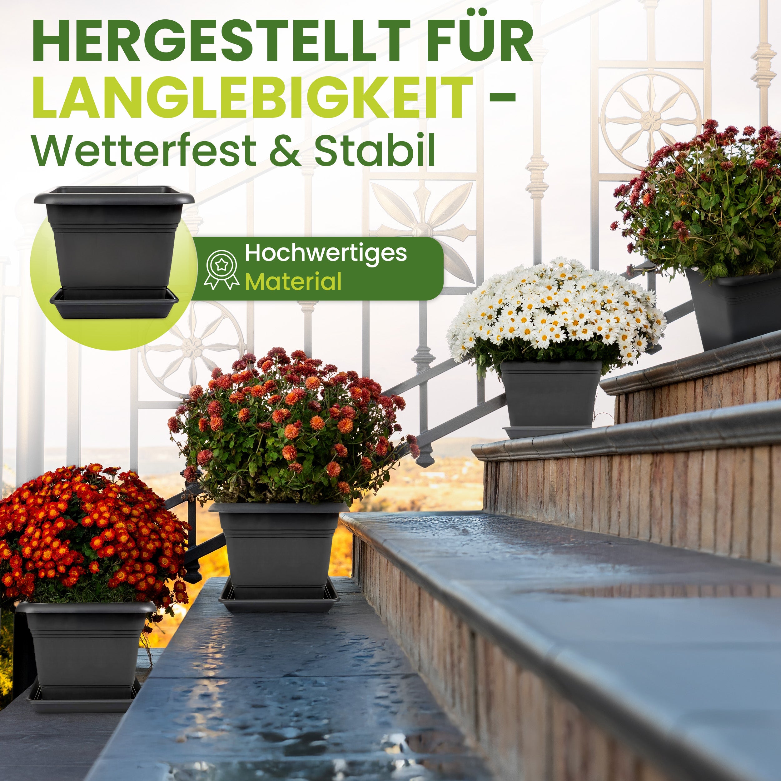 1er Blumentopf Groß 40x40 cm +🎁 GESCHENK, 46 Liter, mit Untersetzer Anthrazit - Pflanzkübel Groß Rechteckig - Wetterfest, Langlebig und Stabil