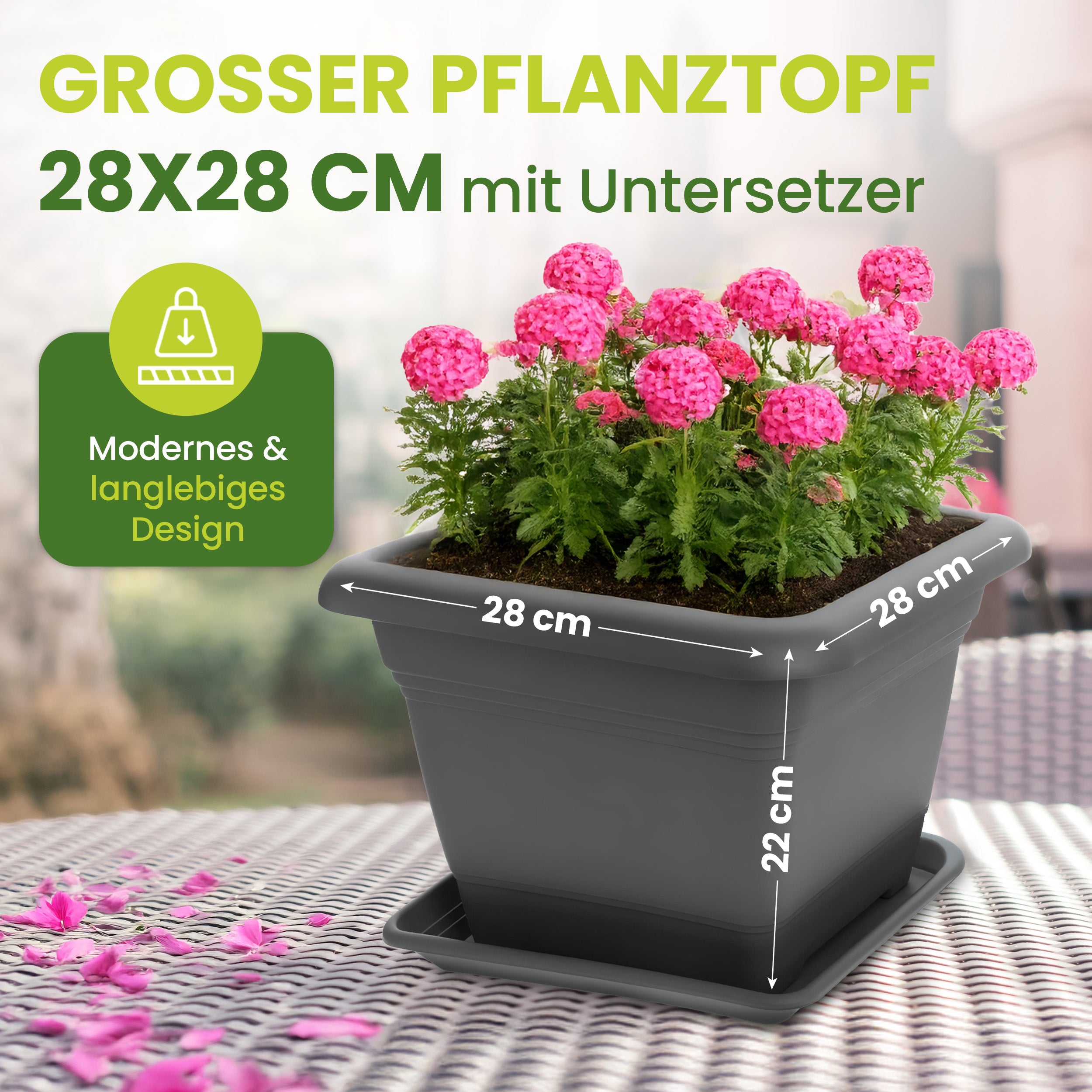 1er Blumentopf Groß 28x28 cm + 🎁 GESCHENK, 20 Liter, mit Untersetzer Anthrazit - Pflanzkübel Groß Rechteckig - Wetterfest, Langlebig und Stabil