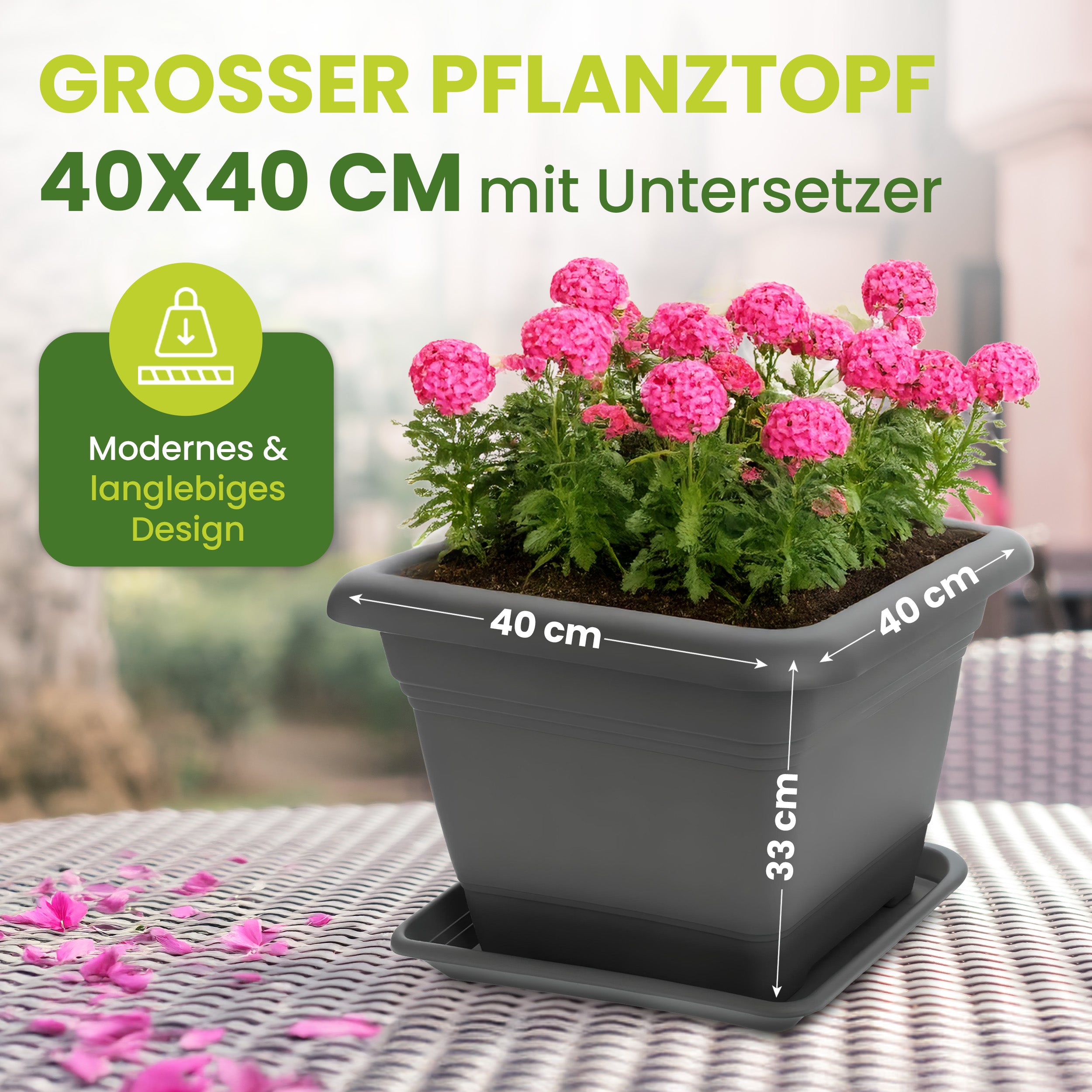 1er Blumentopf Groß 40x40 cm +🎁 GESCHENK, 46 Liter, mit Untersetzer Anthrazit - Pflanzkübel Groß Rechteckig - Wetterfest, Langlebig und Stabil