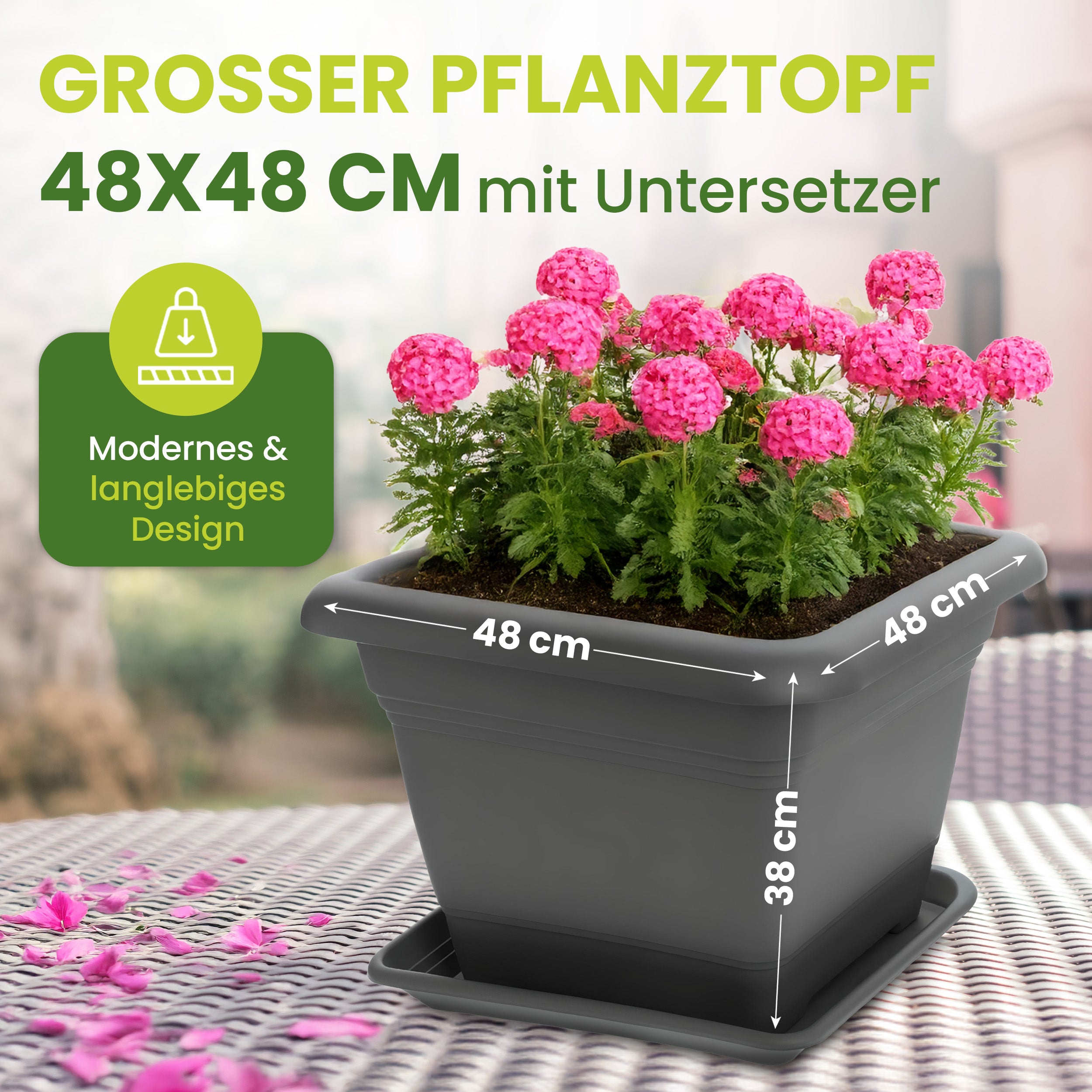 1er Blumentopf Groß 48x48 cm + 🎁 GESCHENK, 84 Liter, mit Untersetzer Anthrazit - Pflanzkübel Groß Rechteckig - Wetterfest, Langlebig und Stabil