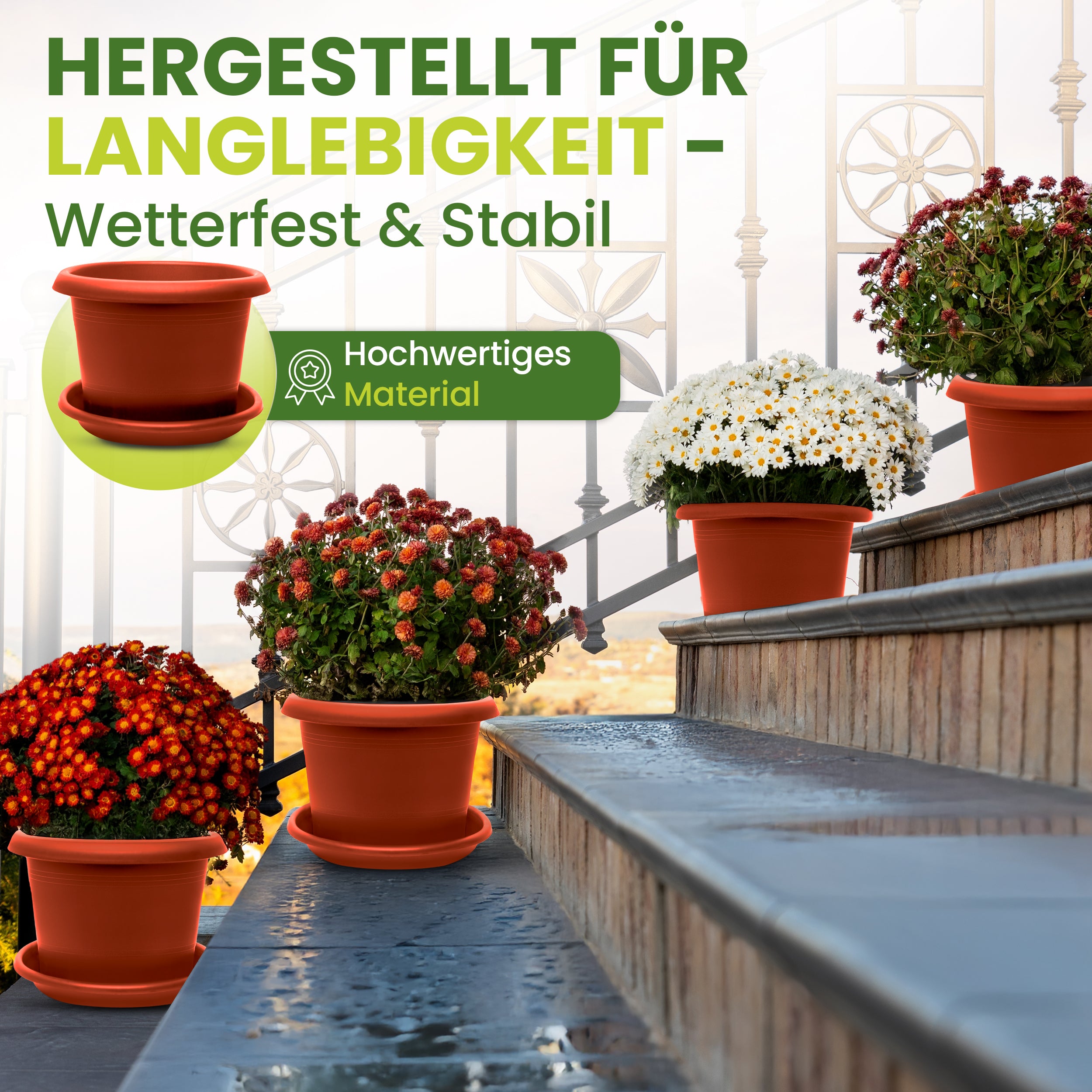 3er Blumentopf Groß Ø50 x H34 cm, mit Untersetzer Terracotta - Pflanzkübel Groß  - Wetterfest, Langlebig und Stabil