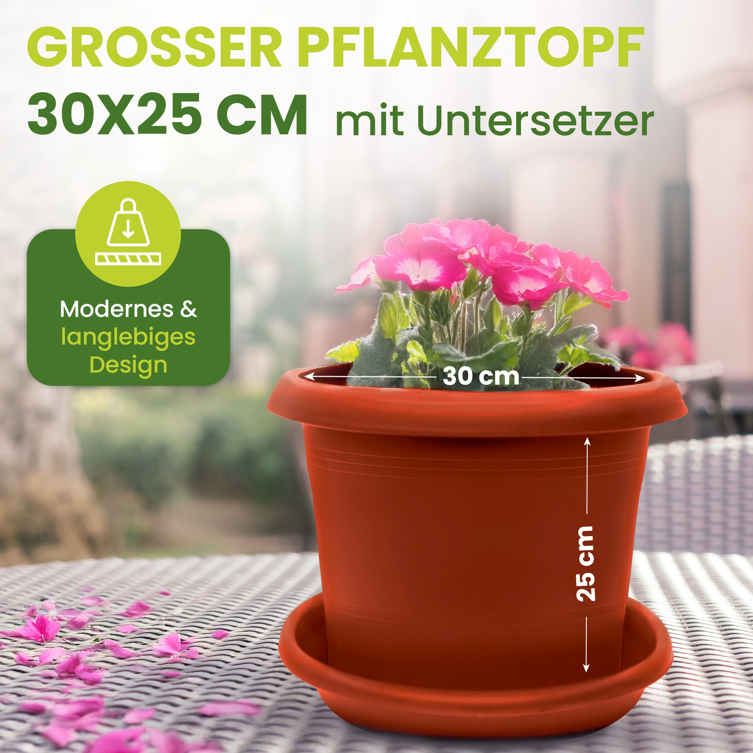 3er Blumentopf Groß Ø30 x H25 cm, mit Untersetzer Terracotta - Pflanzkübel Groß  - Wetterfest, Langlebig und Stabil