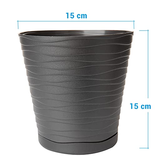 Pot de fleurs anthracite, lot de 3, pot de fleurs, diamètre 15 cm, avec motif vagues 3D, fabriqué dans l'UE 