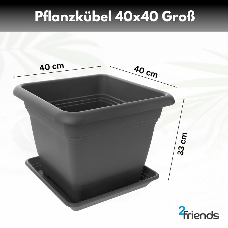 Grands pots de fleurs d'extérieur 40x40 cm - lot de 10 anthracite pour terrasse et jardin avec soucoupes 