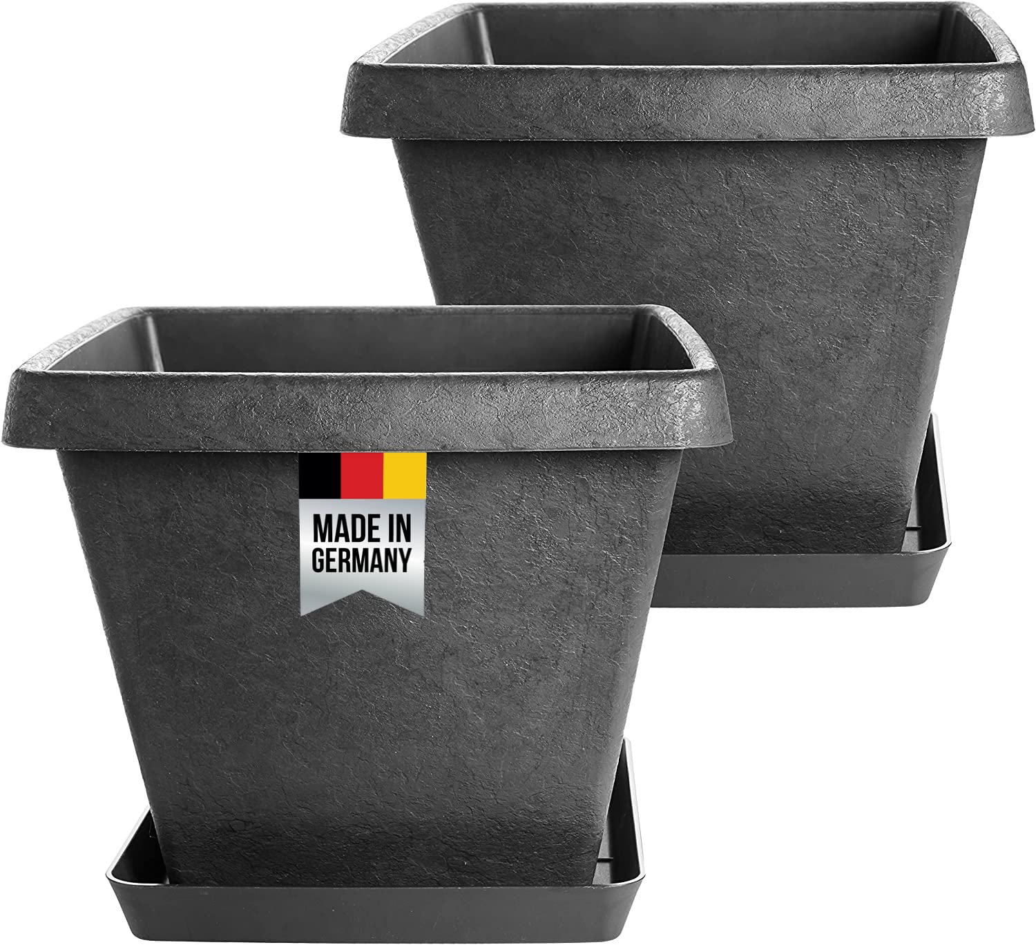 2er Set Premium Blumentopf Groß 34x34 cm mit Untersetzer - Pflanzkübel Groß Rechteckig in Stone-Optik Anthrazit