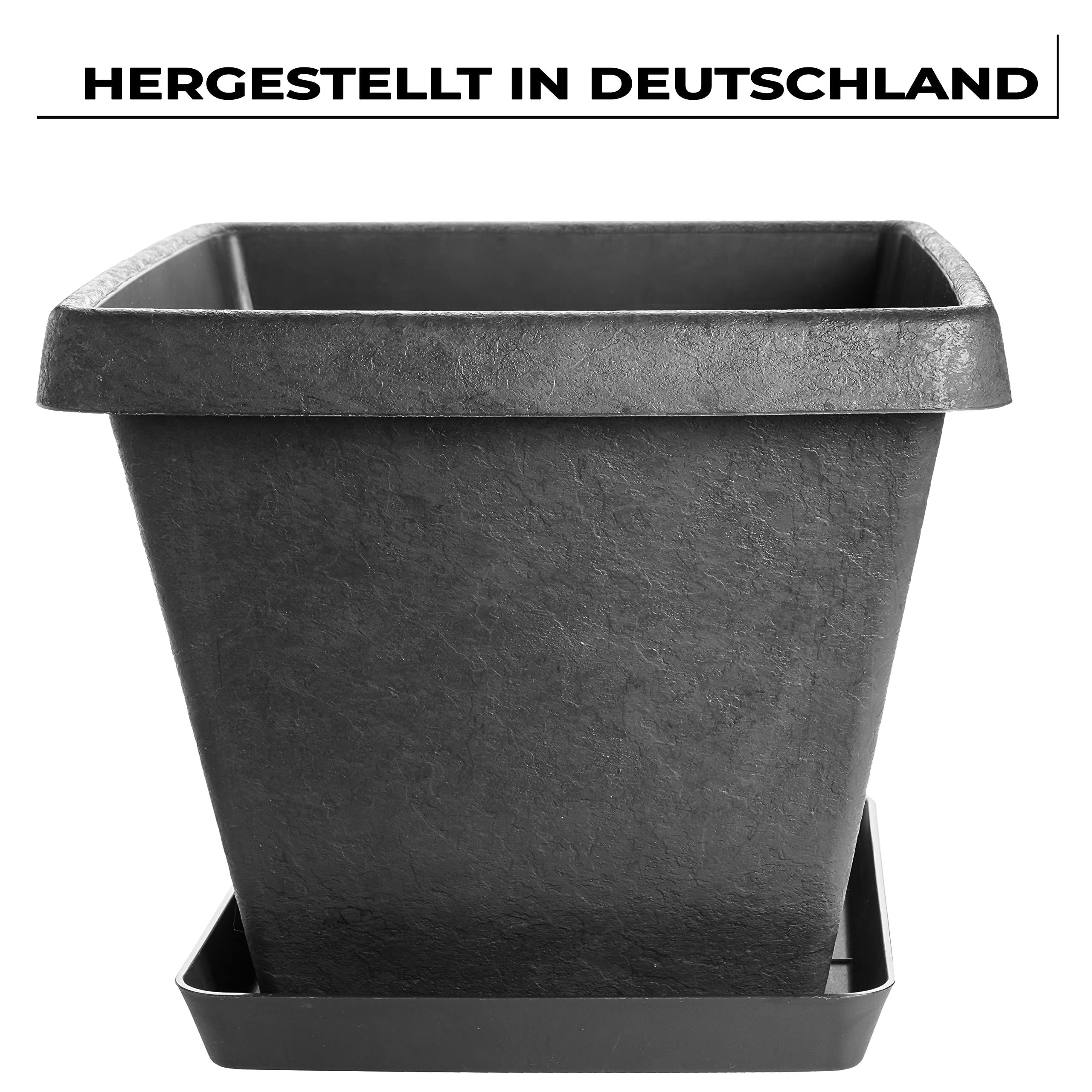 2er Set Premium Blumentopf Groß 34x34 cm mit Untersetzer - Pflanzkübel Groß Rechteckig in Stone-Optik Anthrazit